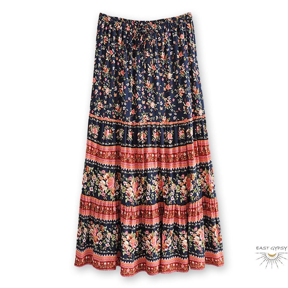 Navy Rose Floral Boho Midi Skirt, Fall Skirt, Gypsy Skirt, Hippie Skirt, Boho